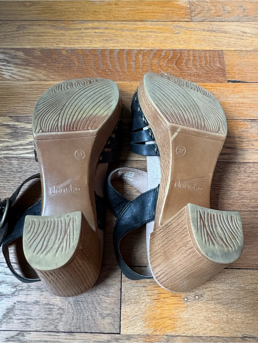 Dansko Black Leather Woven Strap Ankle Sandals